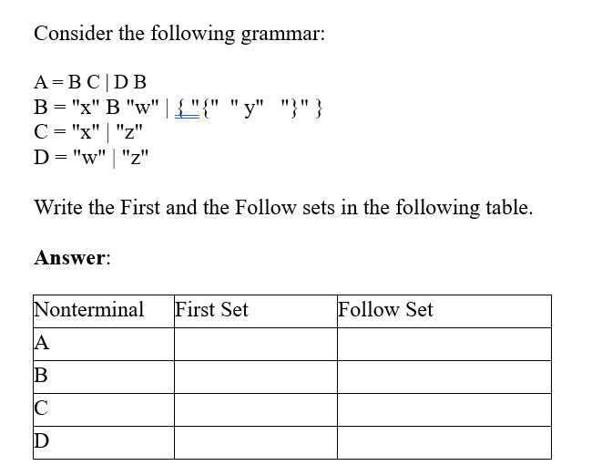 Solved Consider the following grammar A=BCDB B = w "x" B