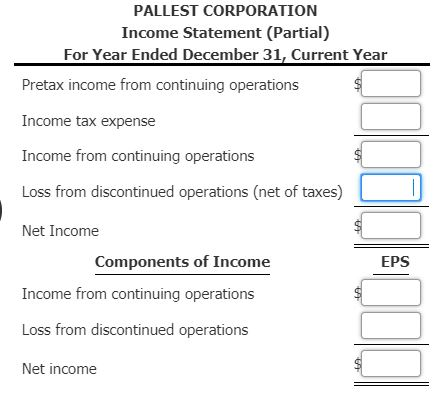PALLEST corporation income statement (partial) for year ended december 31, current year pretax income from continuing operati