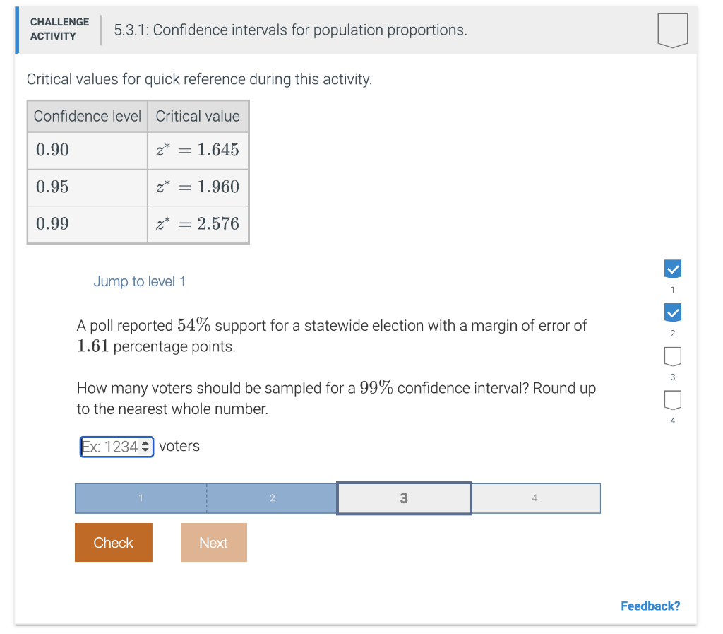 Solved CHALLENGE ACTIVITY 5.3.1: Confidence intervals for | Chegg.com