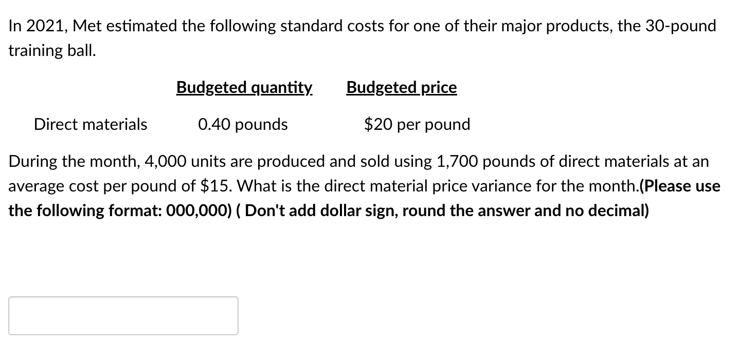 Solved In 2021 , Met estimated the following standard costs