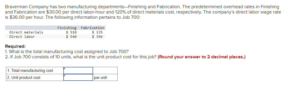 Solved Braverman Company has two manufacturing | Chegg.com