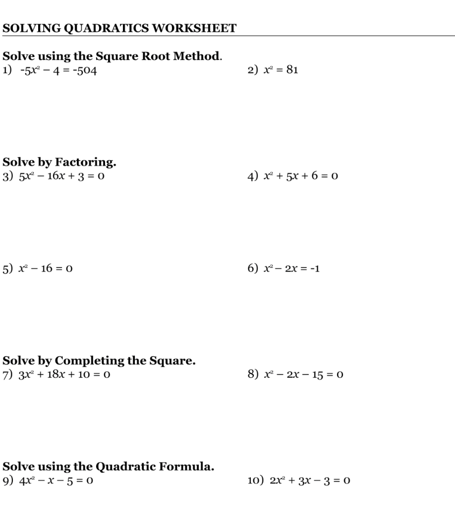 Solved SOLVING QUADRATICS WORKSHEET Solve using the Square  Chegg.com Within Quadratic Equation Worksheet With Answers