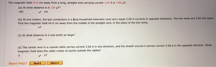 Solved The magnetic field 44.0 cm away from a long, straight | Chegg.com
