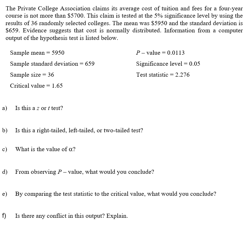 Solved The Private College Association claims its average | Chegg.com
