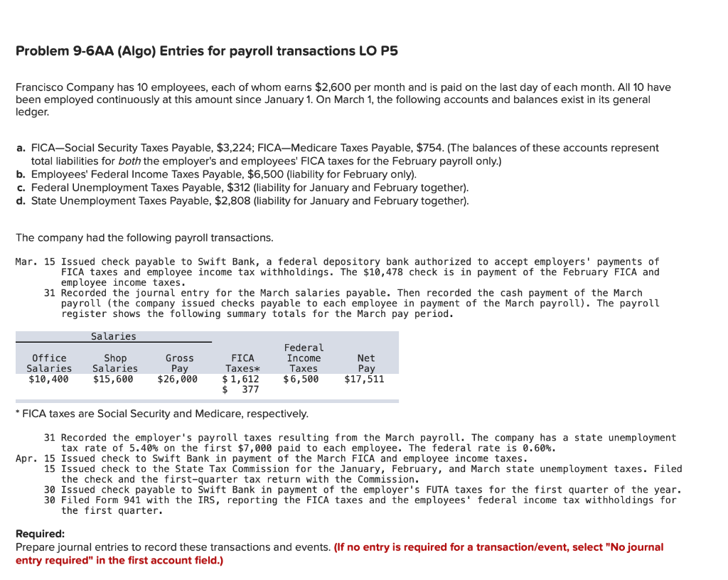 Solved Problem 9-6AA (Algo) Entries for payroll transactions | Chegg.com