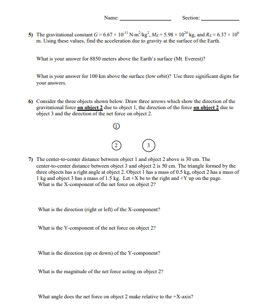 Solved Name: Section: Gravity 1) Newton's Law of Gravitation | Chegg.com