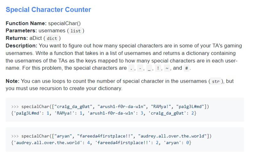 Solved Special Character Counter Function Name: | Chegg.com