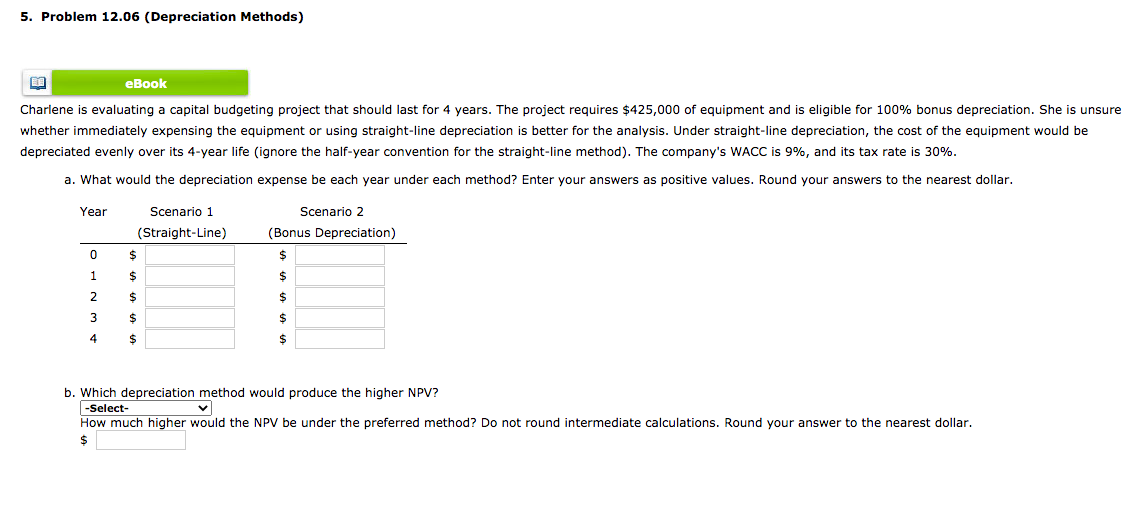 Solved 5 Problem 12 06 Depreciation Methods Eib Ebook Chegg