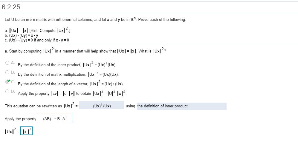 Solved 6 2 25 Let U Be An Mxn Matrix With Orthonormal Col Chegg Com