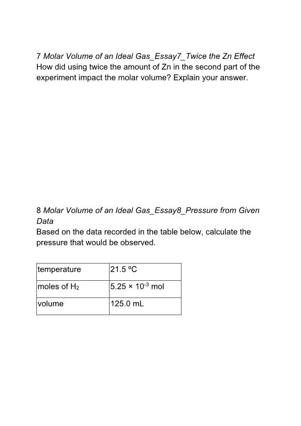 determining the molar volume of a gas experiment 8