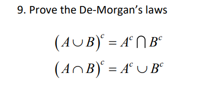 Solved 9. Prove the De-Morgan's laws (AUB) = A | B (AnB) = A | Chegg.com