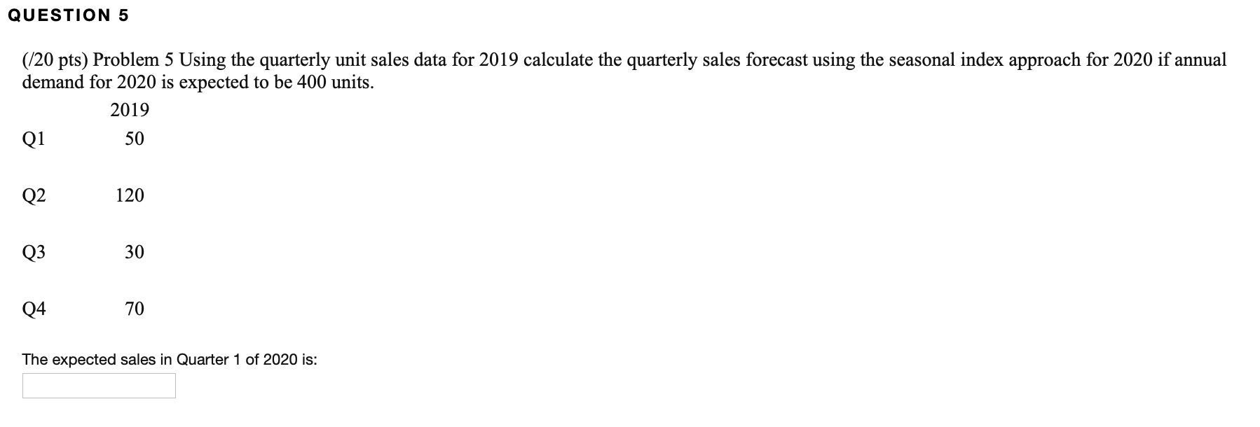 Solved QUESTION 5 (/20 pts) Problem 5 Using the quarterly | Chegg.com