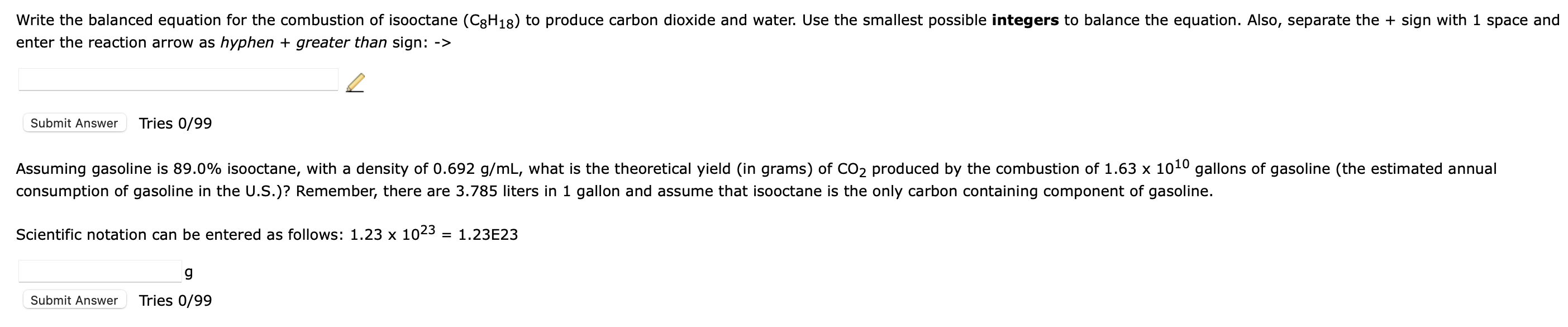 Write a balanced chemical equation for the combustion of octane (c8h18) picture