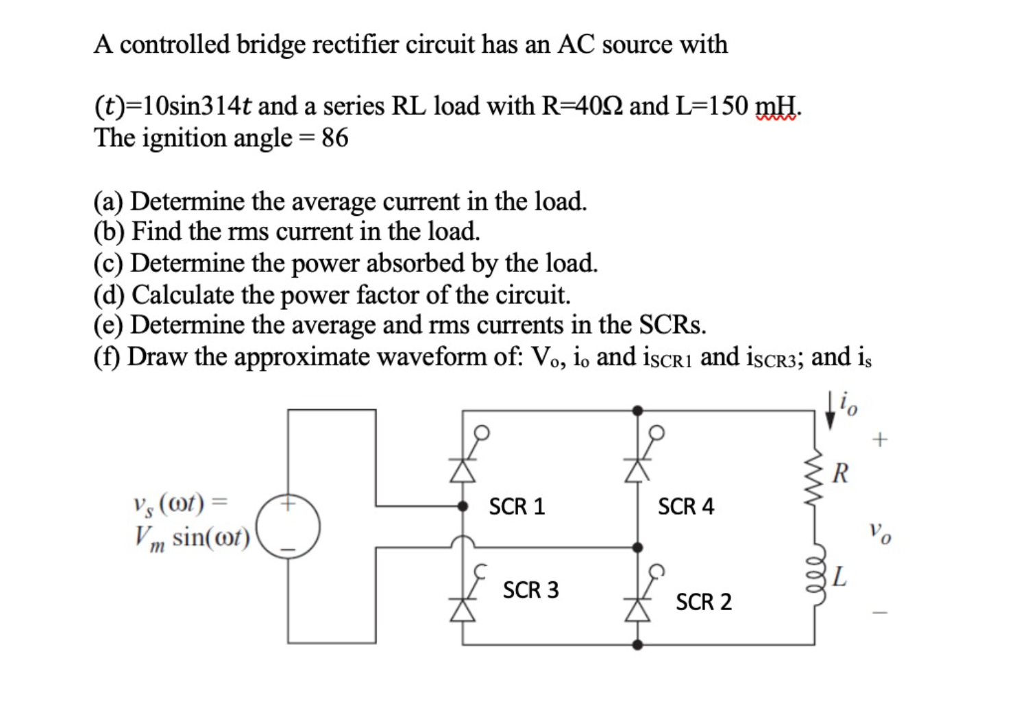 Solved A controlled bridge rectifier circuit has an AC | Chegg.com