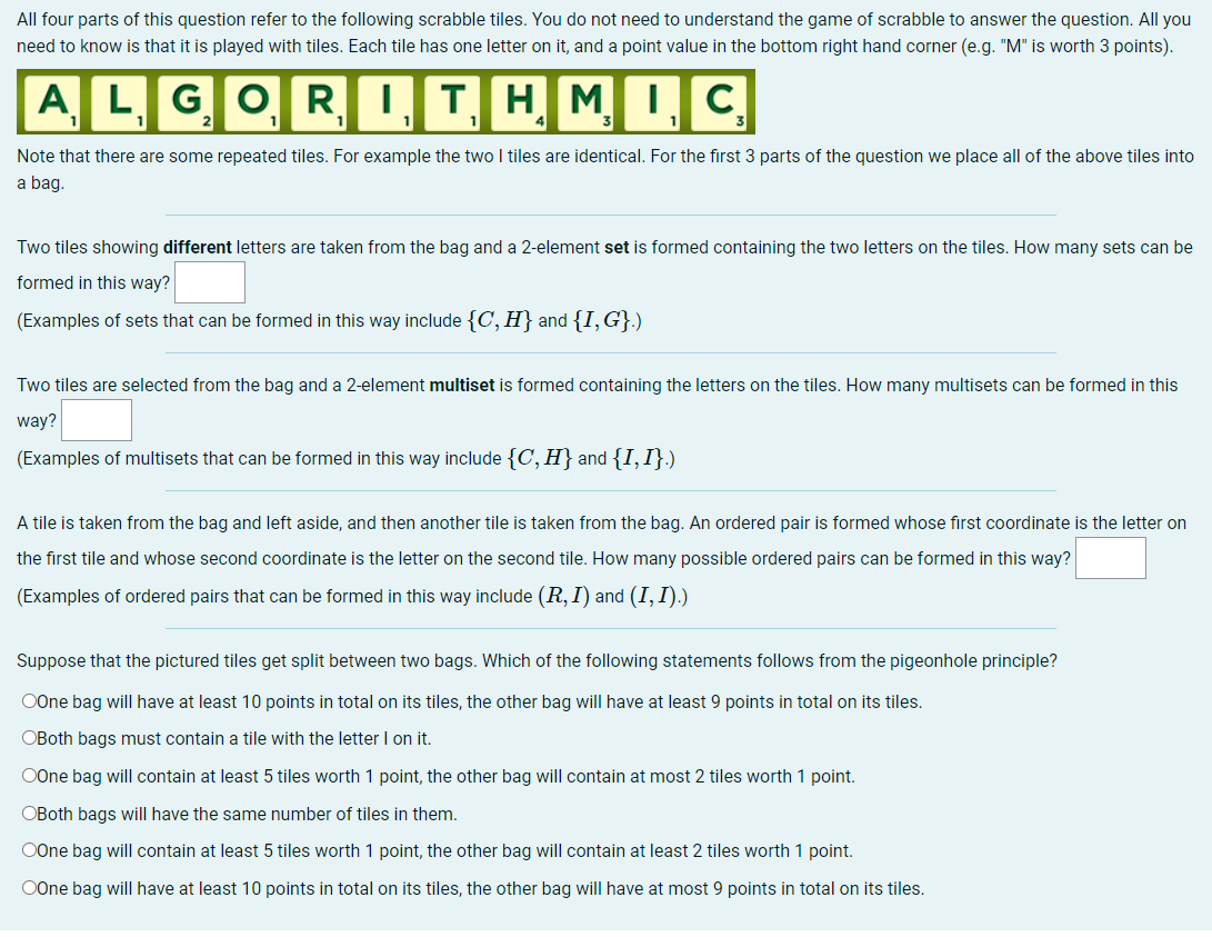 All four parts of this question refer to the following scrabble tiles. You do not need to understand the game of scrabble to 