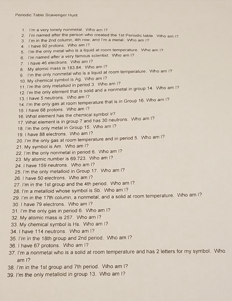 Periodic Table Scavenger Hunt Worksheet Abhayjere