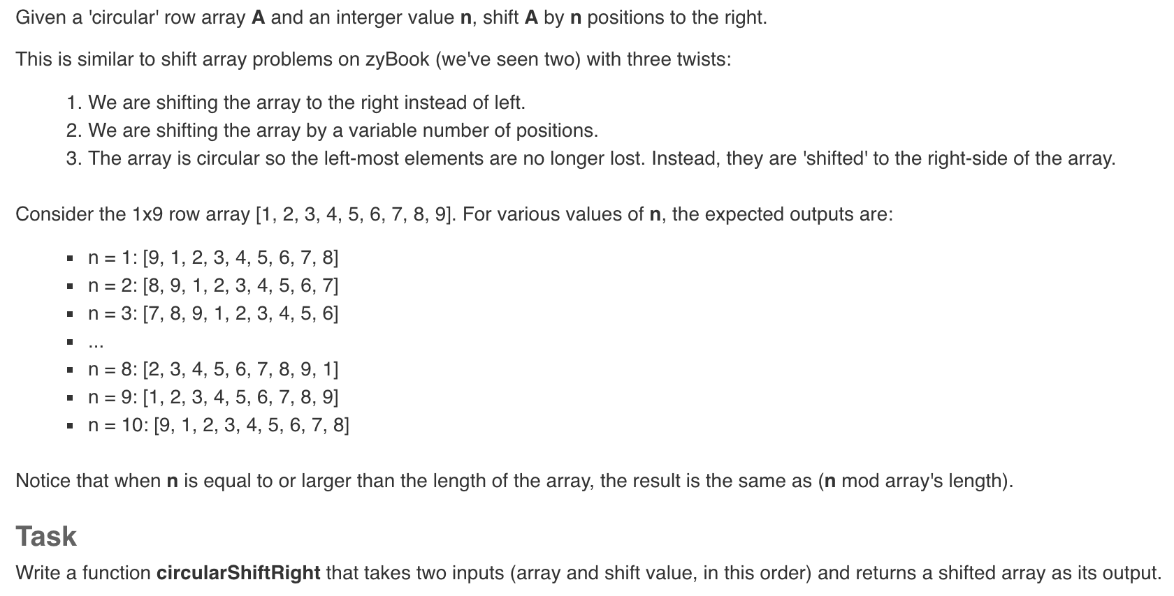 Solved Given a 'circular' row array A and an interger value | Chegg.com