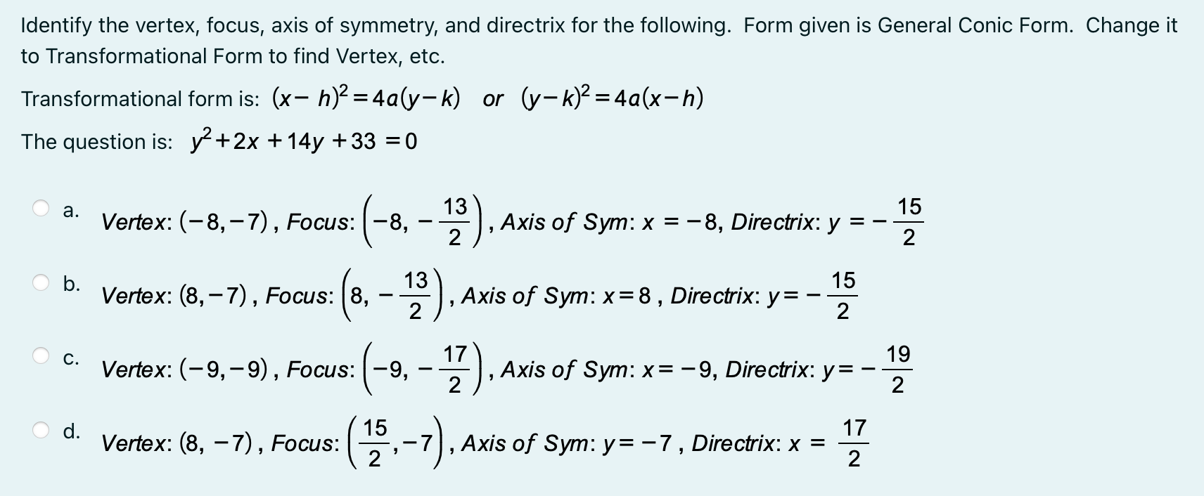 Solved Parabola Question. Find the vertex, axis of symmetry, | Chegg.com