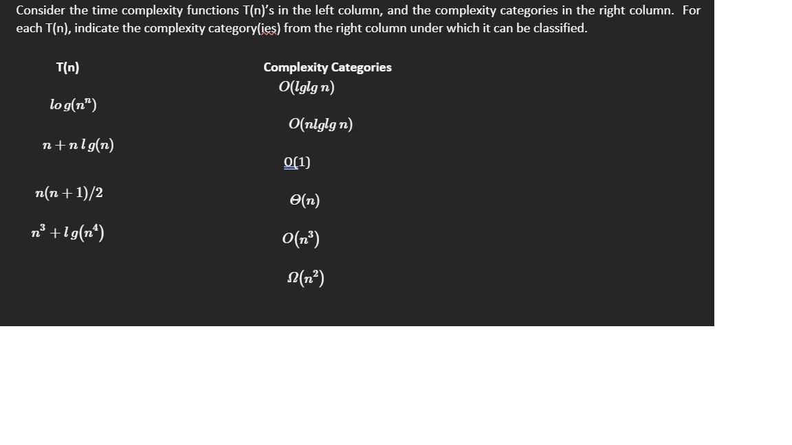 Solved Consider The Time Complexity Functions \\( T(n) \\) | Chegg.com