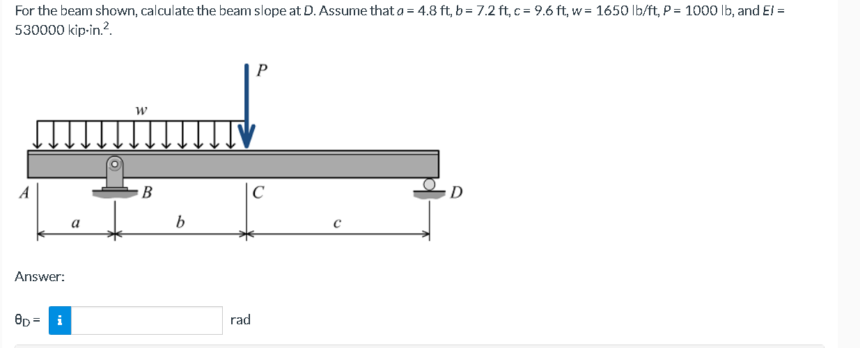 Solved For the beam shown, calculate the beam slope at D. | Chegg.com