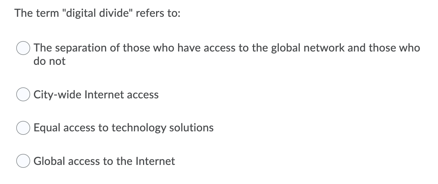 Solved The term "digital divide" refers to The separation