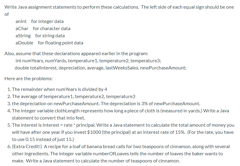 Solved Write Java assignment statements to perform these | Chegg.com