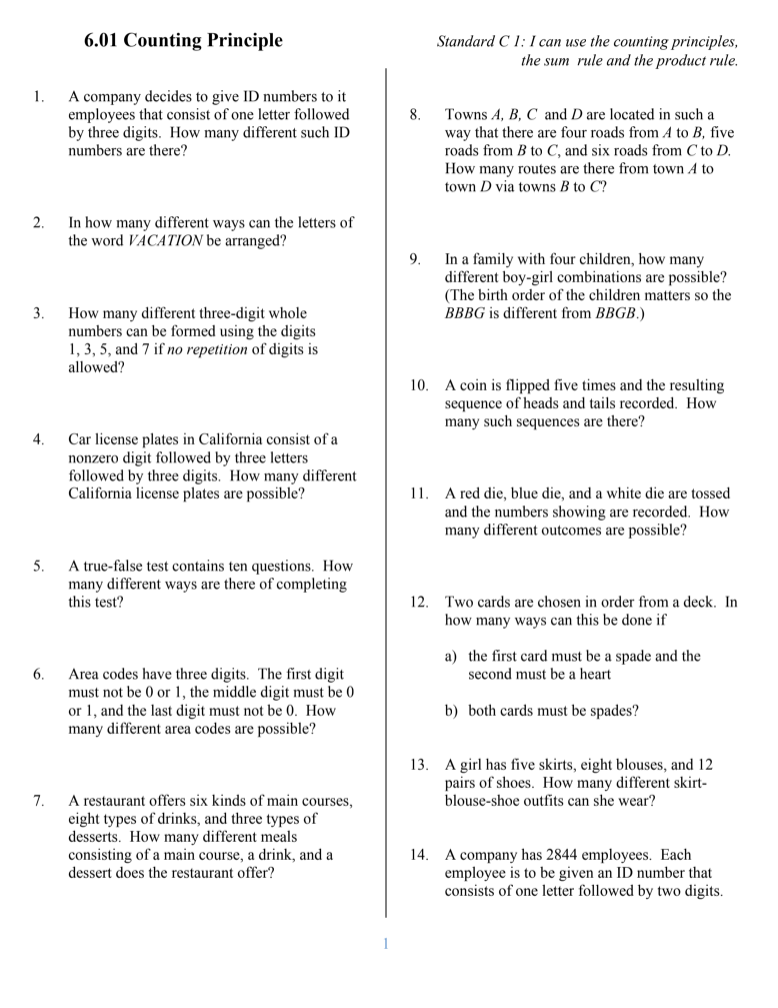 Solved 6.01 Counting Principle Standard C 1: I can use the | Chegg.com