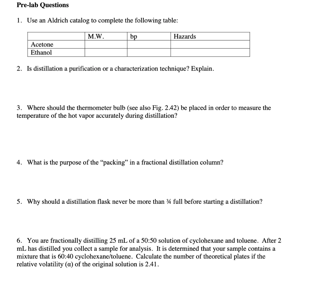 Solved Prelab Questions 1. Use an Aldrich catalog to