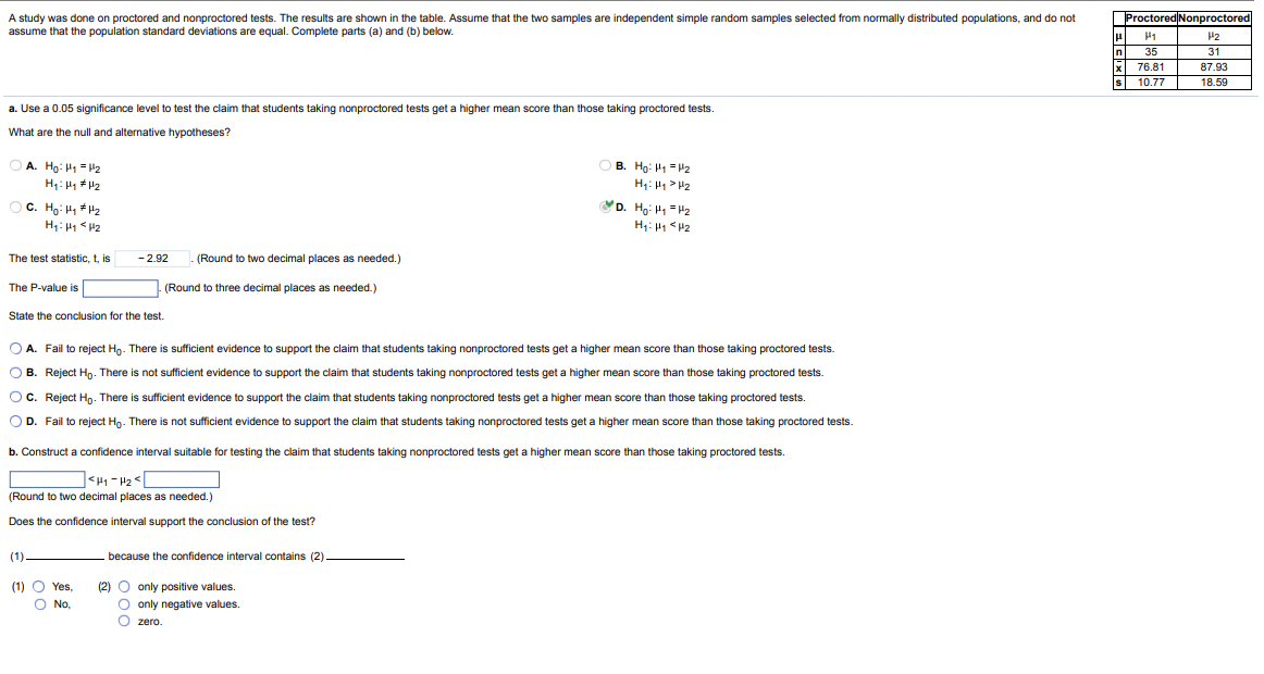 Solved A study was done on proctored and nonproctored tests. | Chegg.com