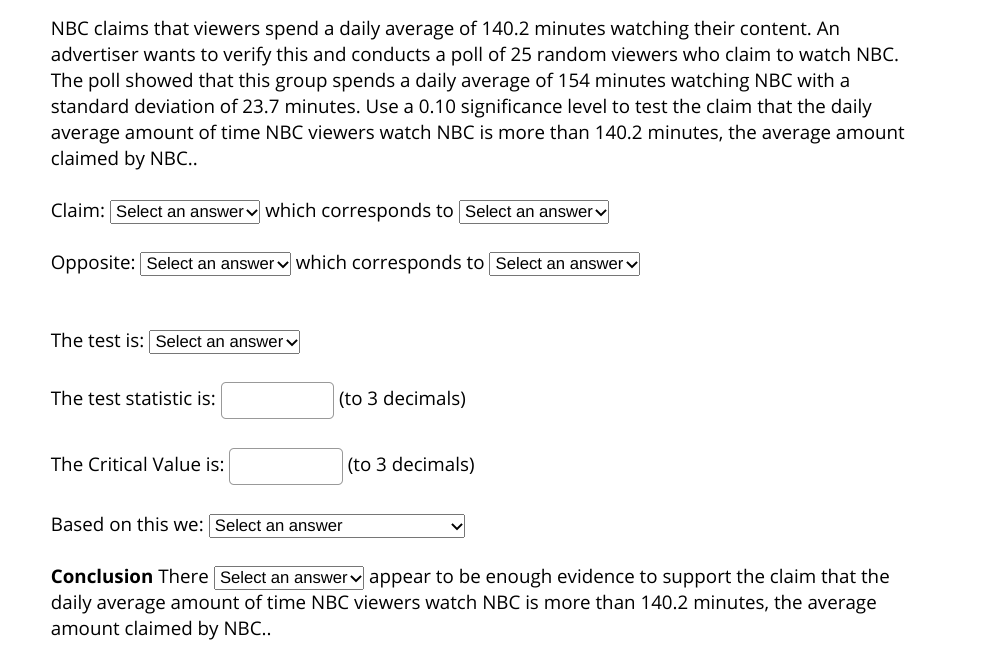 Solved NBC claims that viewers spend a daily average of | Chegg.com