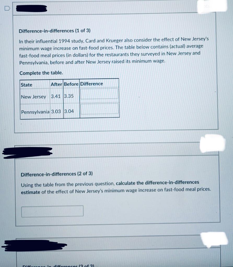 Solved Difference-in-differences (1 of 3) In their | Chegg.com