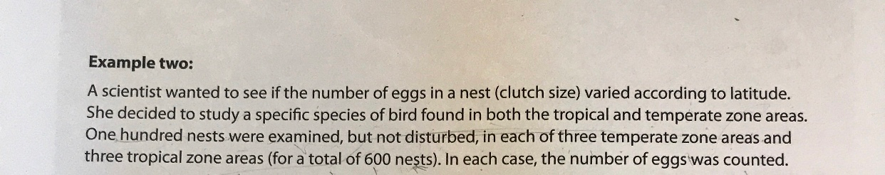 Example two: A scientist wanted to see if the number of eggs in a nest (clutch size) varied according to latitude. She decide