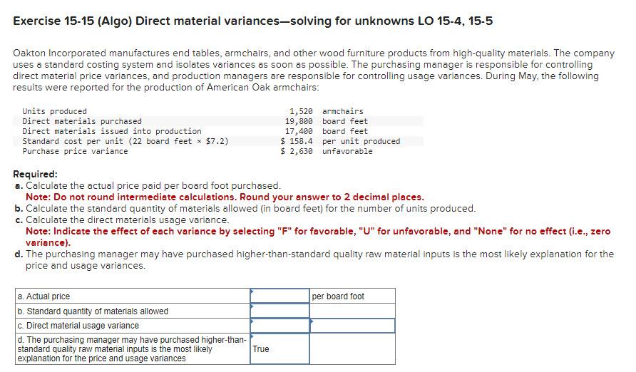 Solved Exercise 15-15 (algo) Direct Material 