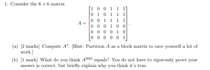 Solved 1. Consider the 6×6 matrix | Chegg.com