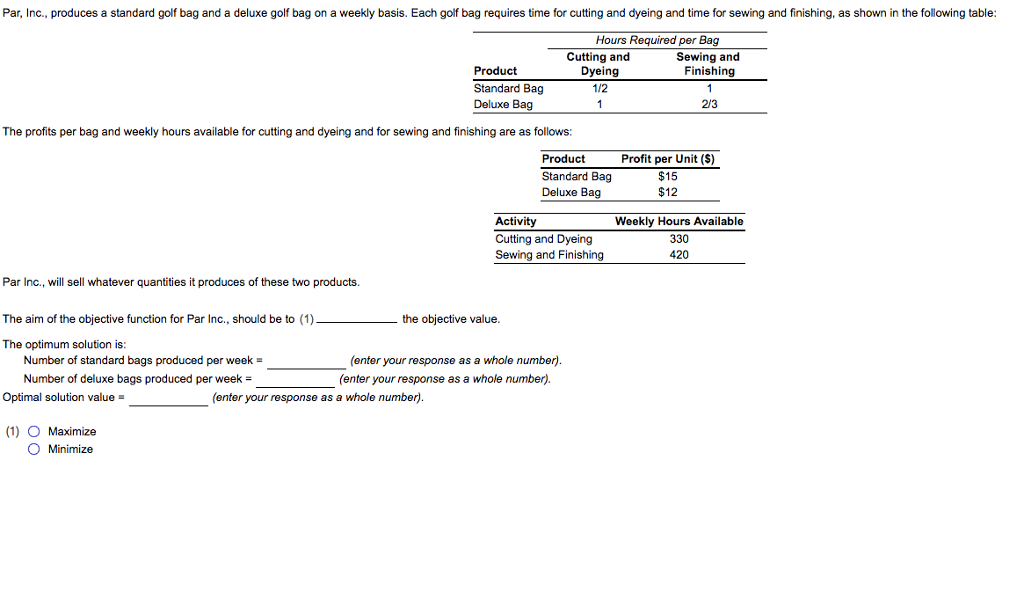 Solved Par, Inc., produces a standard golf bag and a deluxe