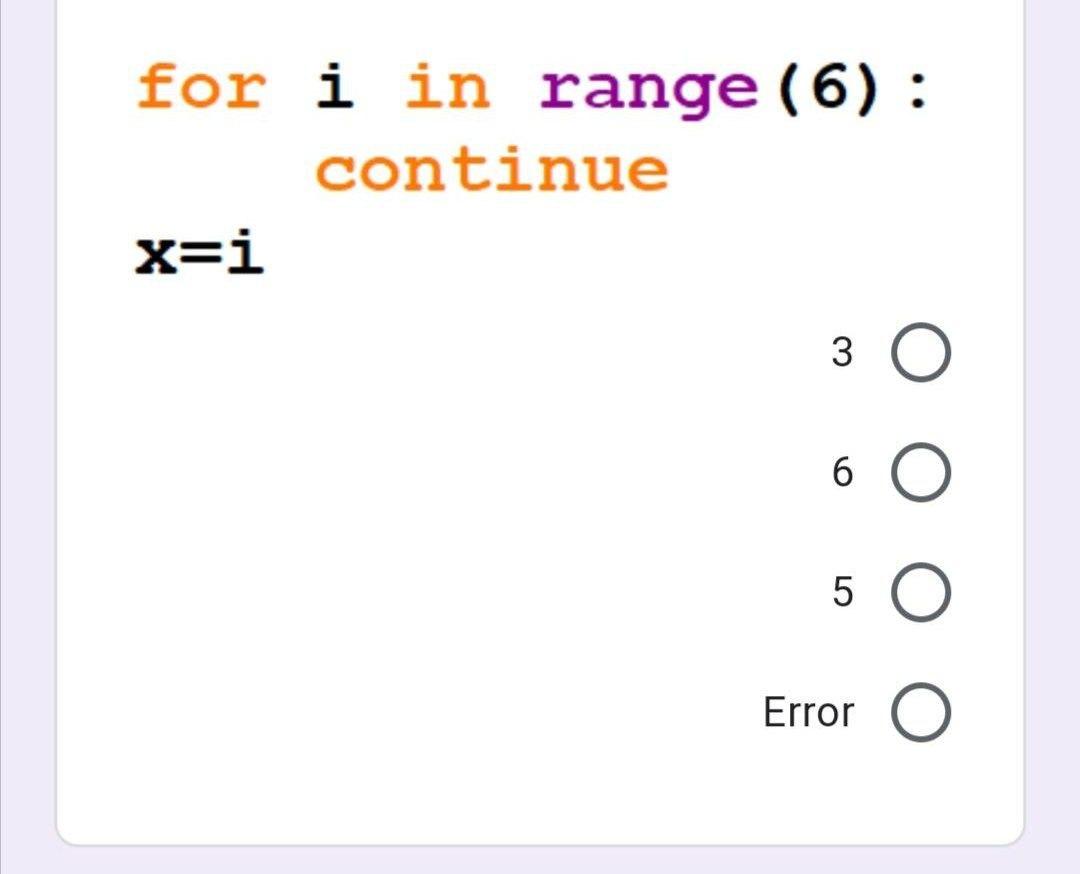 Solved for i in range (6): continue x=i 3 6 O 5 Error O | Chegg.com