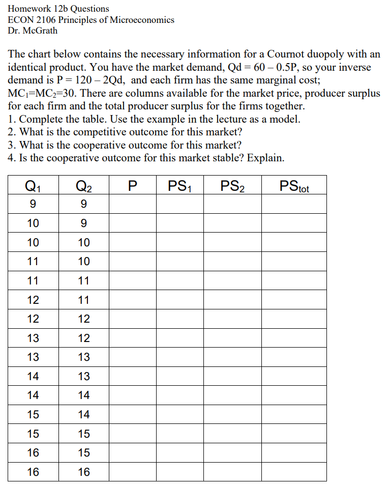 [Solved]: Homework 12b Questions ECON 2106 Principles Of Mi