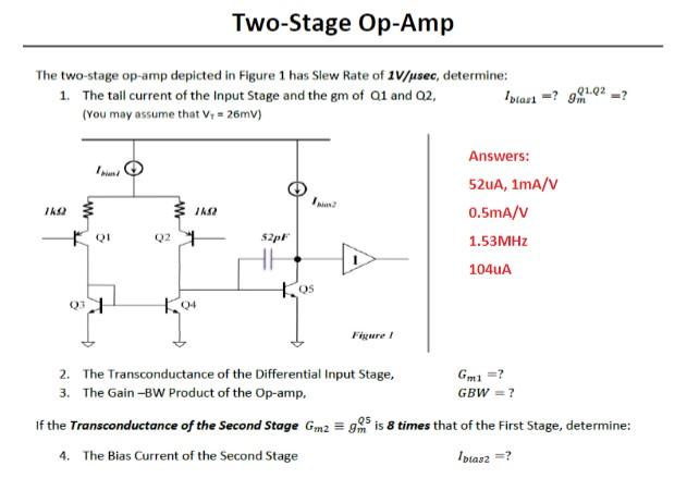 Two-Stage Op-Amp
The two-stage op-amp depicted in Figure 1 has Slew Rate of 1V/usec, determine:
1. The tail current of the In