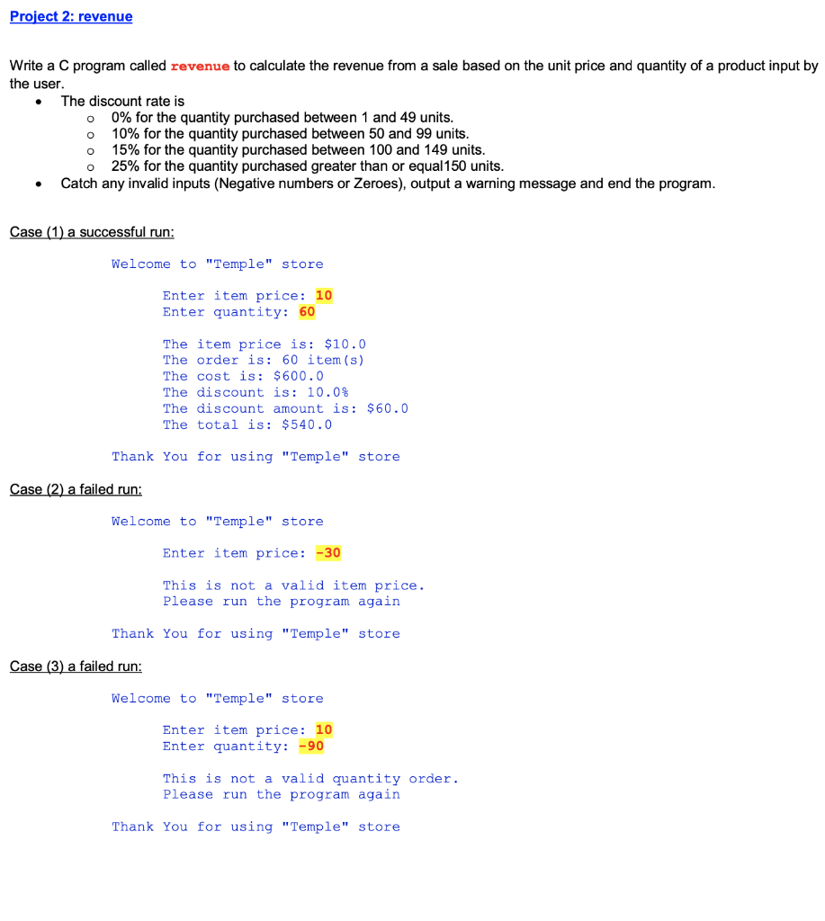 Solved Project 2 Revenue O Write A C Program Called Revenue 6055