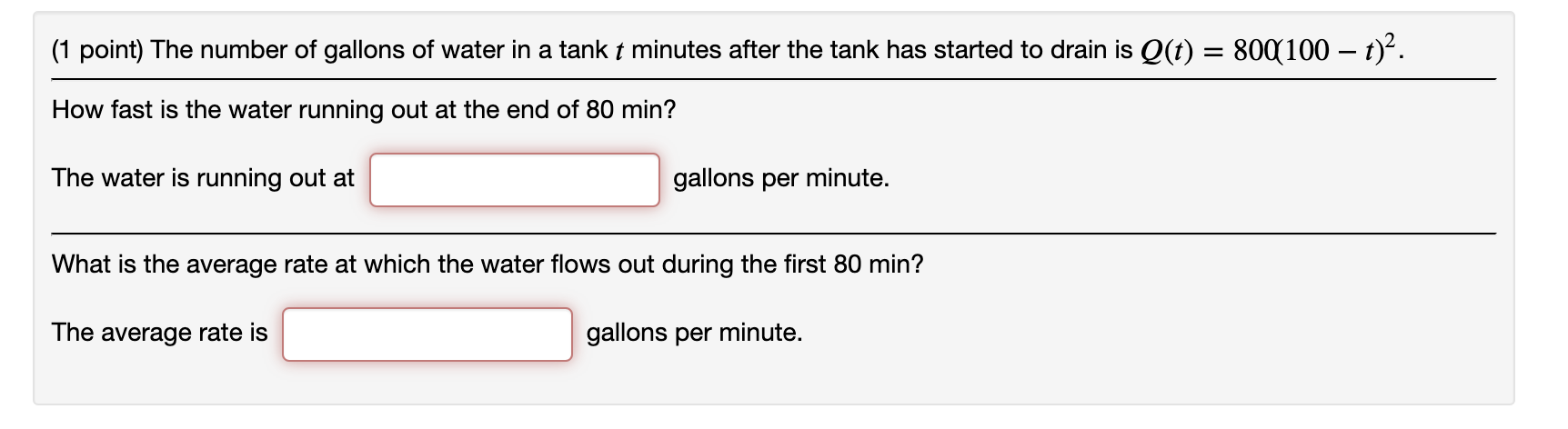 Solved (1 point) The number of gallons of water in a tank t | Chegg.com