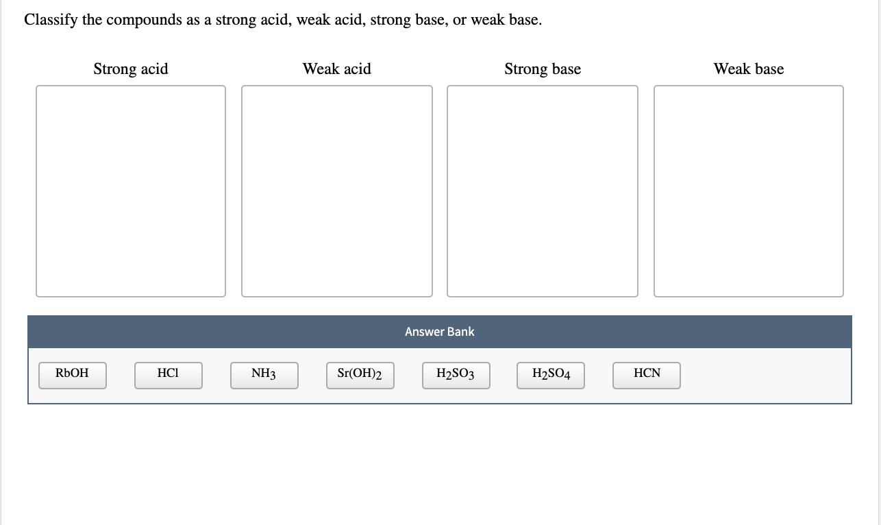 Solved Classify The Compounds As A Strong Acid Weak Acid Chegg Com