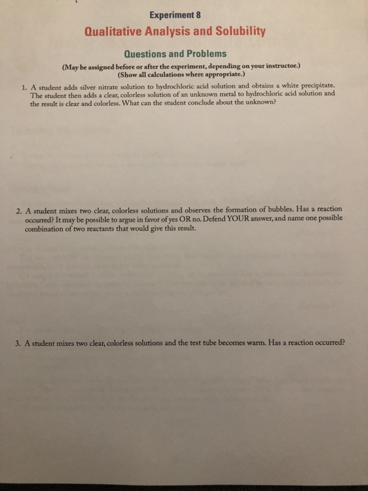 Solved Experiment 8 Qualitative Analysis and Solubility