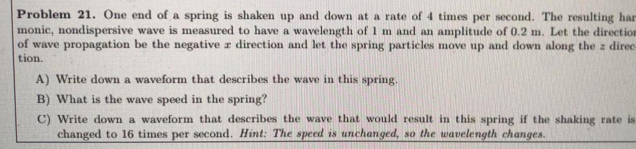 Solved Problem 21. One end of a spring is shaken up and down | Chegg.com