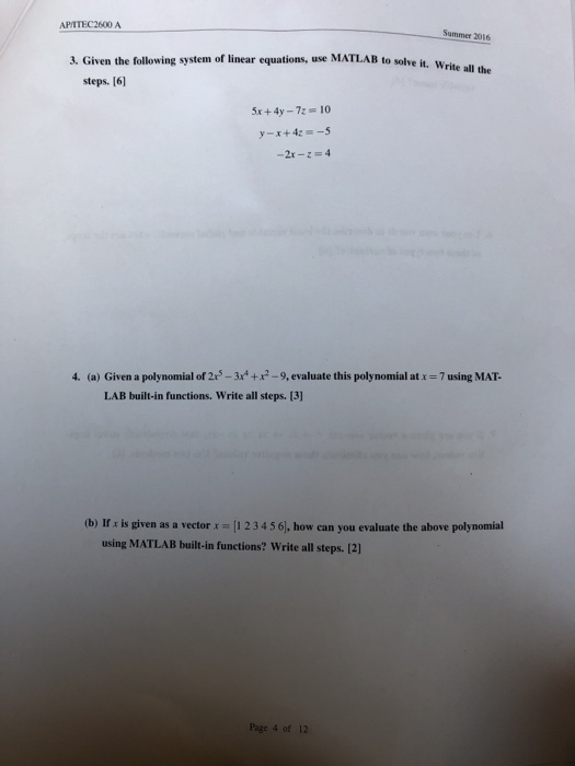 Solved Summer 2016 3. Given the following system of linear | Chegg.com