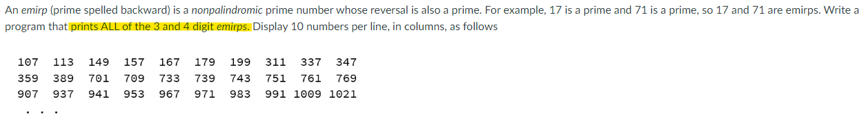 Solved An emirp (prime spelled backward) is a nonpalindromic | Chegg.com