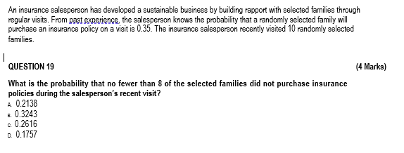Solved An insurance salesperson has developed a sustainable | Chegg.com