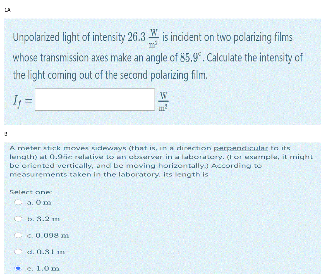 Solved 1A m2 Unpolarized light of intensity 26.3 is incident | Chegg.com