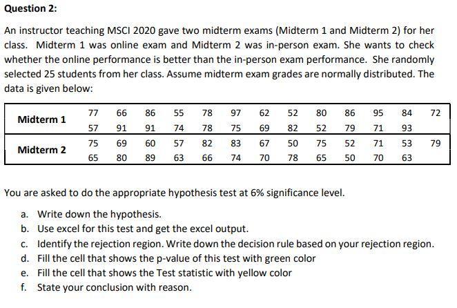 Solved Question 2: An instructor teaching MSCI 2020 gave two | Chegg.com
