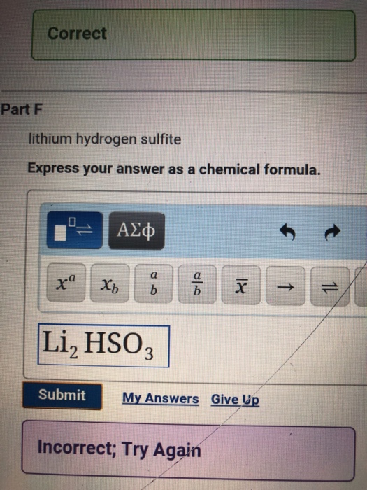 Solved Correct Part F lithium hydrogen sulfite Express your | Chegg.com