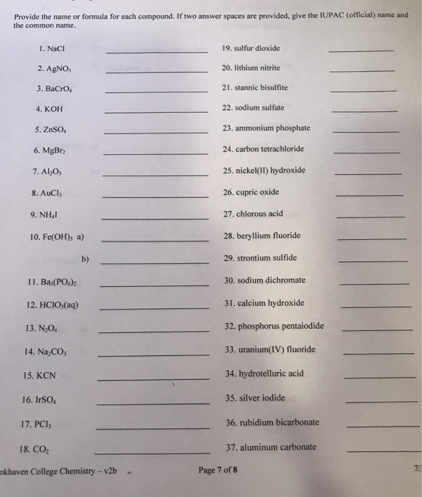 Solved Provide the name or formula for each compound. If two | Chegg.com